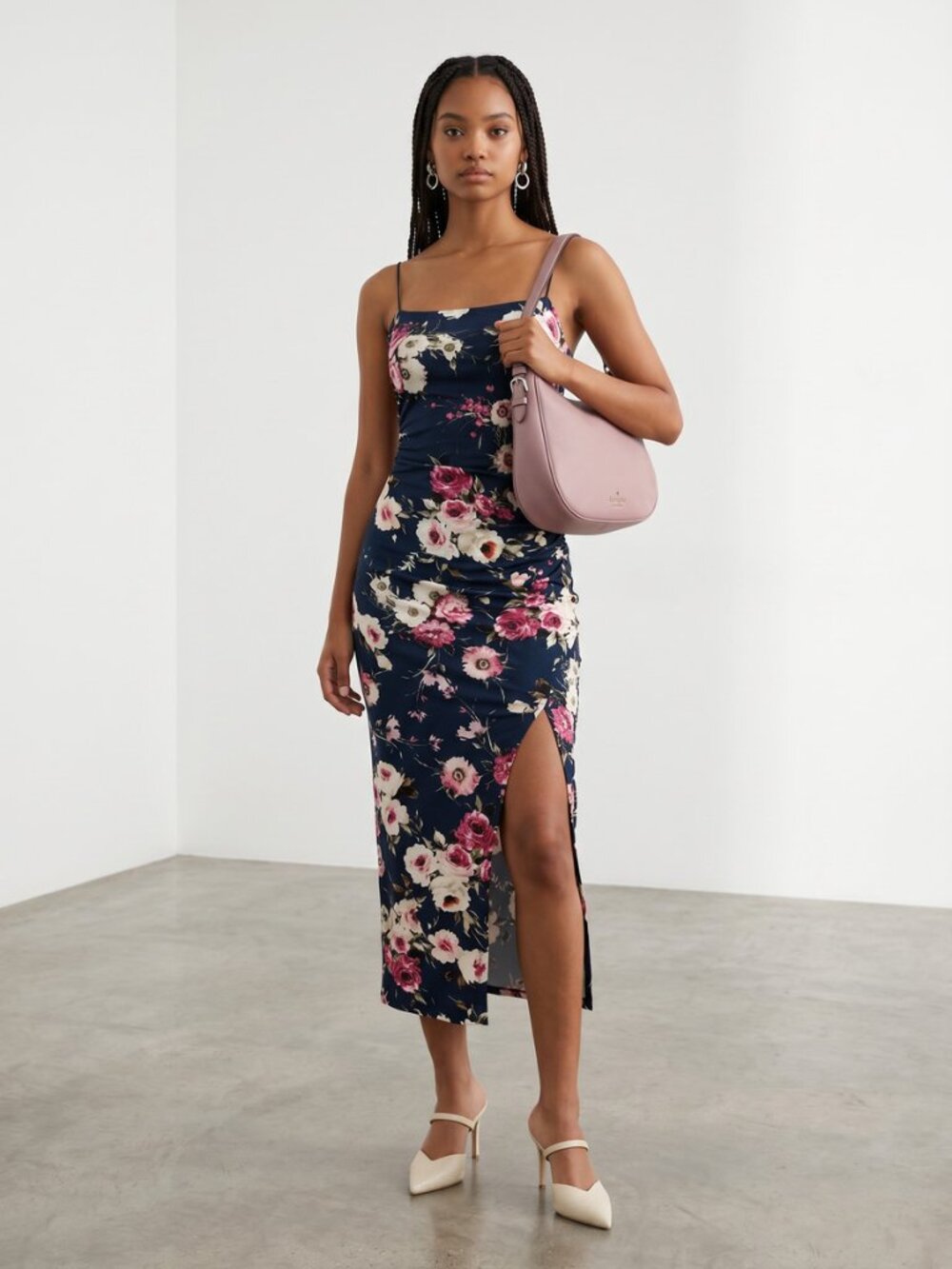 Navy Floral Navy Spaghetti-Strap Midi Dress